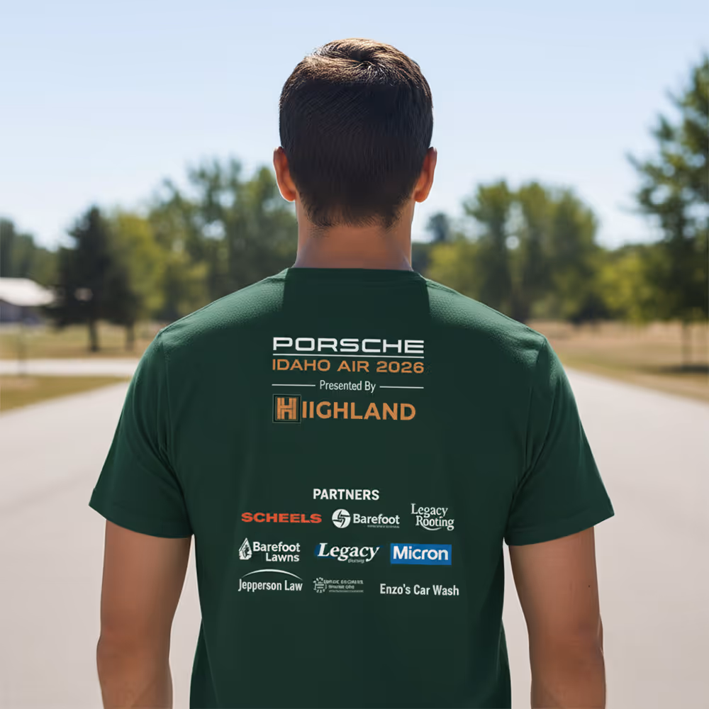 2026 green sponsor T-shirt concept worn by a model