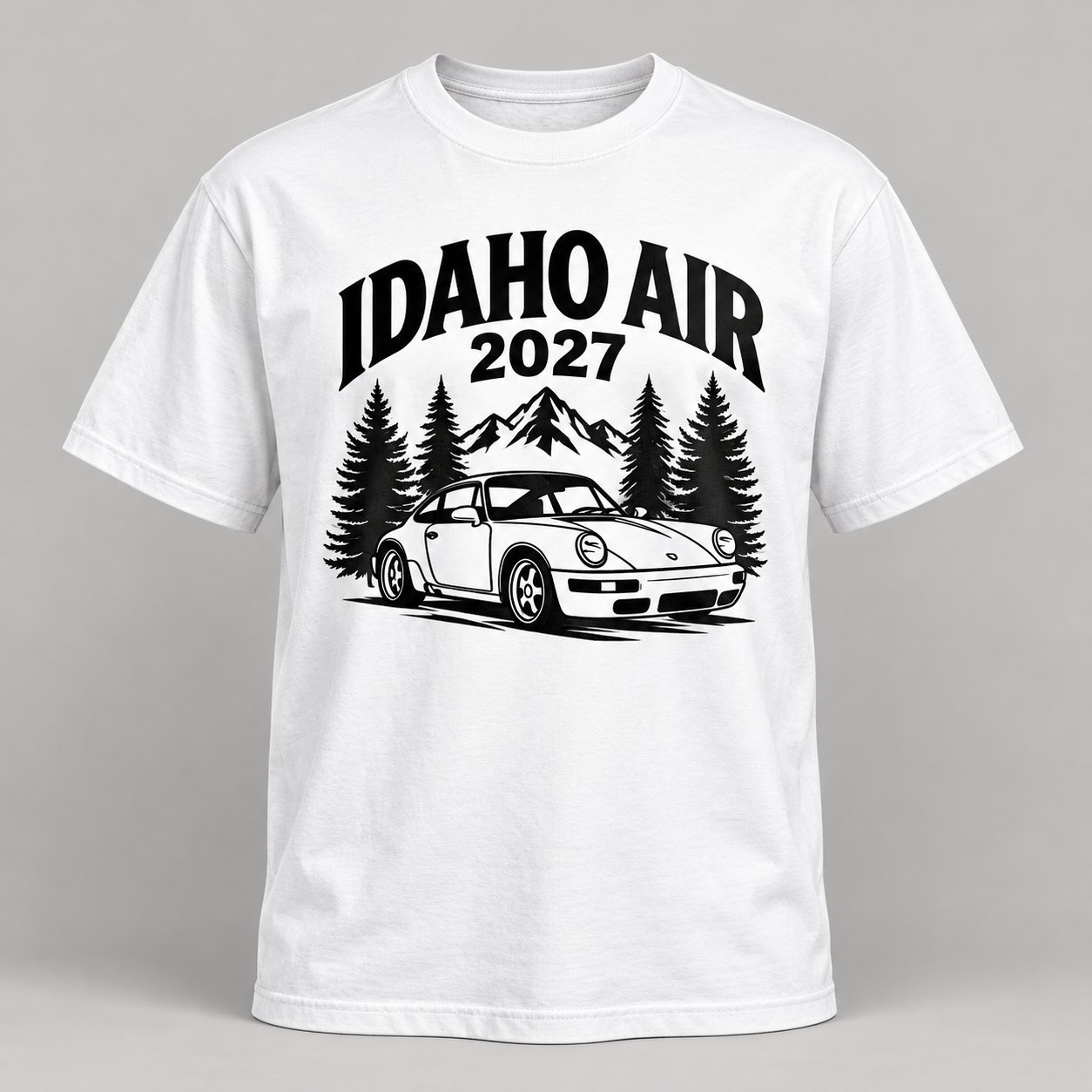 2027 tee concept mockup, white — design not final
